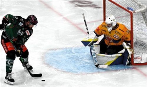 Die Starbulls scheiterten immer wieder an Anthony Morrone, so auch hier Travis Ewanyk.Foto Hans-Jürgen Ziegler
