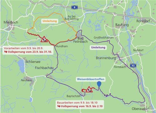 Die Übersicht zeigt die Sperrungen und Umleitungsstrecken ab Montag. Das Weisenbläsertreffen der Musikkapelle Flintsbach im Arzmoos am 22. September findet trotz Vollsperrung statt, der dortige Wanderparkplatz ist für alle erreichbar.