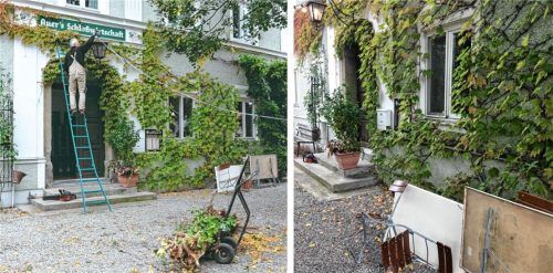 Heruntergerissene Lampen und ein zerstörter Strauch: Der Auer-Schlosswirt in Neubeuern am Tag, nachdem ein Auto in eine Hochzeitsgesellschaft raste. Fotos Zehentbauer/Poll
