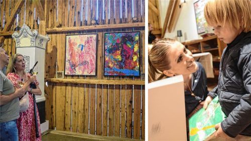 Laurent Schwarz (3) zusammen mit Mama Lisa (Bild rechts). Am Donnerstag fand die erste private Vernissage mit Arbeiten des Dreijährigen statt. Zahlreiche Kunstsammler und Medienvertreter waren gekommen. Foto Blum