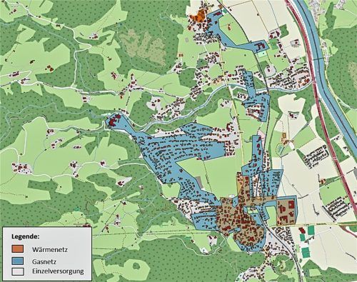Mögliches Zielszenario für Oberaudorf: Eine Kombination aus Wärmenetz-, Gasnetz- und Einzelversorgungsgebieten. Bis 2040 könnte das Gasnetz auf neue Gase umgestellt werden, während in Einzelversorgungsgebieten Mineralöl-Heizungen durch strombasierte Systeme ersetzt werden. Steffenhagen