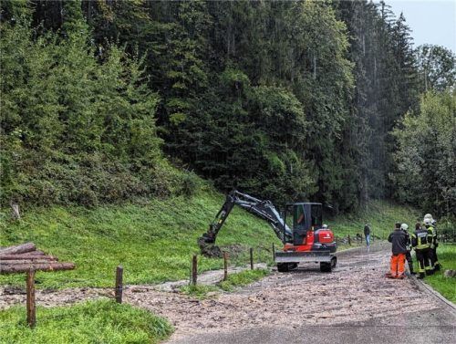 Nach dem Murenabgang in der Schöffauer Straße (Höhe Nußlberg) waren die Einsatzkräfte nach den ersten Sicherungsmaßnahmen weiter mit den Aufräumarbeiten beschäftigt. Foto Hoffmann