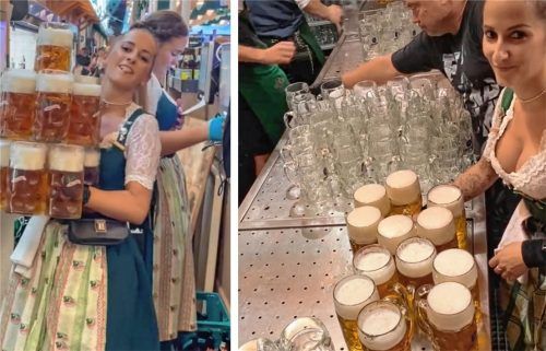 Tanja Fechner gehört zu den wohl bekanntesten Bedienungen auf dem Rosenheimer Herbstfest. Was unter anderem daran liegt, dass sie ohne Mühe 13 Mass transportieren kann. Foto privat