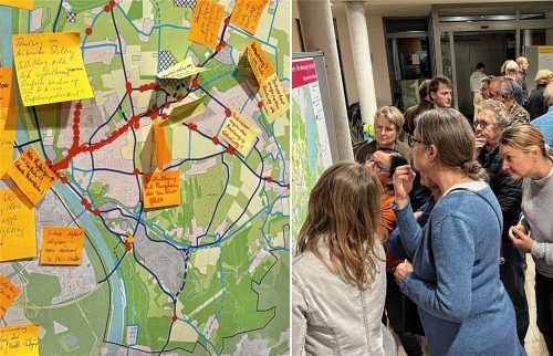 Das Interesse an sicheren Radwegen in Stephanskirchen ist groß. Mehr als 100 Bürger waren beim Startschuss fürs Radverkehrskonzept dabei, markierten auf der Karte die gefährlichsten Verkehrsbereiche in der Gemeinde und schlugen Lösungen vor. Foto Gerlach