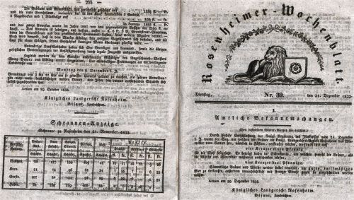 Das Rosenheimer Wochenblatt erschien ab 6. Januar 1833 einmal wöchentlich. Ein Abonnement des amtlichen Mitteilungsblatts gab es schon damals – für 48 Kreuzer im Halbjahr. Hier eine Ausgabe vom 31. Dezember des ersten Erscheinungsjahres. Fotos stadtarchiv rosenheim