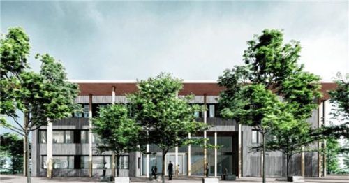 Der Haupteingang des geplanten Neubaus des Amtes für Ländliche Entwicklung Oberbayern in Mühldorf.
Visualisierung DÖMGES ARCHITEKTEN AG