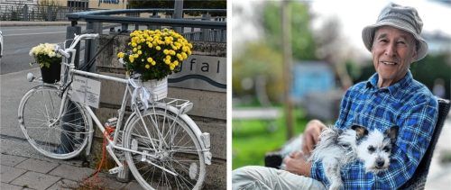 Der Rentner Dieter Stahl (rechts, mit seinem geliebten Hund Lissi) kollidierte in der Äußeren Münchener Straße mit seinem Rad mit einem Pkw, stürzte und verstarb Wochen später im Krankenhaus. An der Unfallstelle erinnert jetzt ein Geisterrad an ihn. Fotos Schlecker/privat