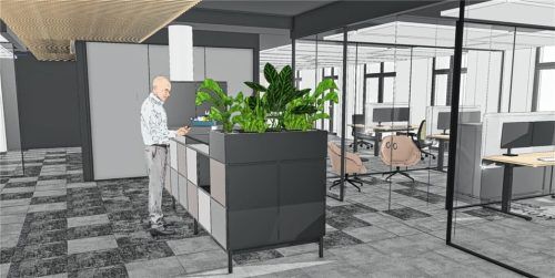 Die neue Arbeitswelt in der OVB MEDIA City setzt auf offene Raumkonzepte, die Kommunikation und Austausch fördern. Gleichzeitig gibt es Rückzugsmöglichkeiten für konzentriertes Arbeiten und für vertrauliche Gespräche.  S & W: Perspektiven Büroräume