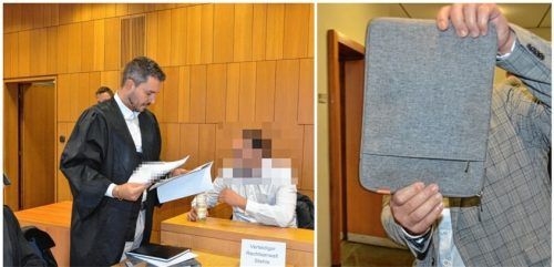 Ein 29-Jähriger (links, auf der Anklagebank) und sein 49-jähriger Vater (rechts) müssen sich vor dem Landgericht Traunstein verantworten, weil ihnen vorgeworfen wird, einen Geldtransporter in Großkarolinenfeld überfallen zu haben. Fotos Kretzmer-diepold
