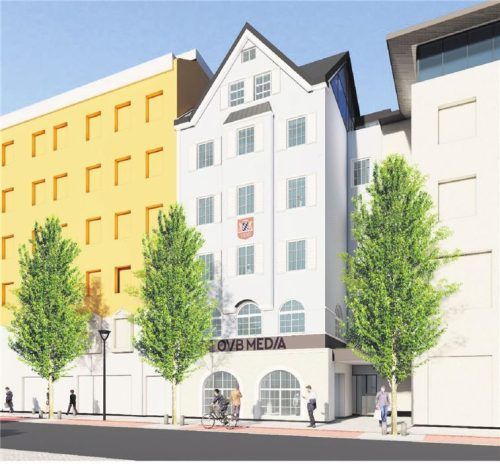 Ein Blick in die Zukunft: Die Visualisierung zeigt den neuen Haupteingang der OVB MEDIA City.  SAI Schleburg