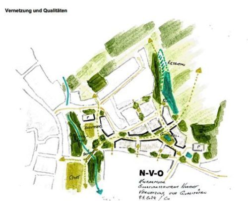 Eine der ersten Vorstellungen für eine mögliche Verteilung der Flächen für die Bebauung, Grünzüge und Verkehrswege, wie sie das Büro Nuyken von Oefele Architekten BDA und Stadtplaner für das Gebiet „Kolbermoor Nordost“ skizziert hat. Foto Repro Johannes Thomae