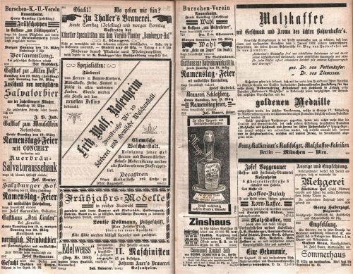 Eine Doppelseite mit Anzeigen aus dem Jahr 1892. Verschiedene Schriftarten und -größen galten damals als schick. Fotos stadtarchiv rosenheim