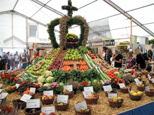 Über 200 Apfelsorten und Birnen aus dem Streuobstanbaugebiet unter dem Wendelstein zieren die große Obstpyramide, auf deren Spitze die Erntekrone thront. Foto strim