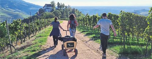 Weinproben der etwas anderen Art: Mit dem Bollerwagen geht‘s durch die Ortenau (gr. F.). Das kann man alleine oder mit Guide machen. Doris Baßler etwa führt als „Hex vom Dasenstein“ (o. r.) durch die Reben.