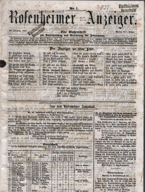 „Zur Unterhaltung und Belehrung von Jedermann“: die erste Ausgabe des Rosenheimer Anzeigers vom 1. Januar 1866 mit neu gewähltem Untertitel. Fotos Stadtarchiv Rosenheim/re