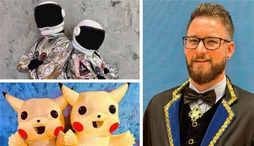 Am Montag, 11. November werden die neuen Prinzenpaare des Faschingsvereins Mangfalltal gezeigt. Noch verstecken sie sich hinter Astronautenkostümen und Pikachus. Präsident Manuel Eckert (rechts) weiß, wie aufregend das Versteckspiel sein kann. Fotos Faschingsverein Mangfalltal