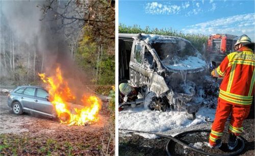 Am nördlichen und südlichen Ende des Inntals brannten am Dienstag innerhalb von gut zwei Stunden zwei Fahrzeuge aus. Erst am alten Rohrdorfer Sportplatz (rechts), dann am Wanderparkplatz in Kiefersfelden. Fotos Feuerwehr