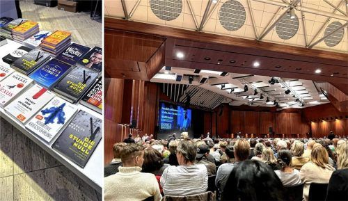 Bei Gansers Auftritt war die Bude voll. Im Foyer konnte man nicht nur Daniele Gansers Bücher kaufen, sondern auch Werke von Thilo Sarrazin und Elon Musk. Fotos re