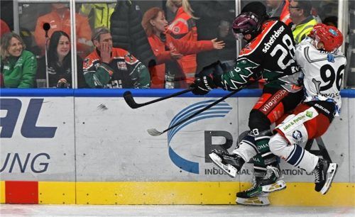 Da kracht es: Dominik Kolb stoppt David Zucker an der Bande.Foto Hans-Jürgen Ziegler