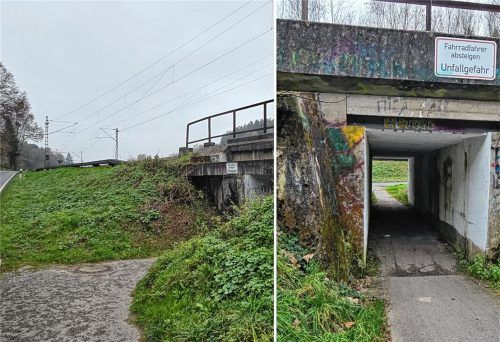 Die Bahnunterführung für Fußgänger und Radfahrer bei Rachenthal soll sicherer werden. Sie ist eng, viel zu niedrig und in einem schlechten baulichen Zustand. Zudem birgt die Nähe zur Staatsstraße Unfallgefahren.Fotos  Ammelburger