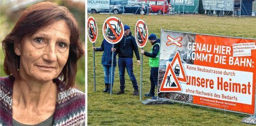 Die Bürgerinitiativen (BI) gegen den Brenner-Nordzulauf machen immer wieder mit Protestaktionen – hier 2023 auf dem Sportplatz in Ostermünchen – auf sich und ihre Forderungen aufmerksam. Margit Kraus (links), die für die „Liste 83104“ im Tuntenhausener Gemeinderat sitzt, engagiert sich in der BI Tuntenhausen. Foto dpA/ re