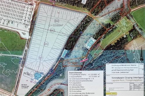 Die geplante Monodeponie soll in der Nachbarschaft der Loxxess-Halle auf dem Gemeindegebiet von Haiming entstehen. Foto Foto der Präsentation vom Landratsamt Altötting