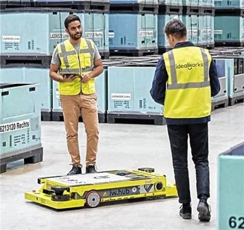Die Roboter von Idealworks (in gelb) finden ihren Weg von alleine – und weichen Hindernissen aus. Trainiert werden sie in den digitalen Zwillingen der Fabriken. Foto Idealworks
