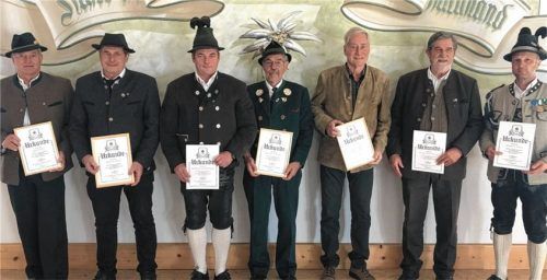 Ehrungen für langjährige Mitglieder: (von links) Georg Mix (40 Jahre), Martin Bichl (40), Andreas Steinberger (25), Vorsitzender Hans Pellkofer (40), Josef Hobelsberger (60), Franz Bachmann (25) und Hubert Stein (25). Foto Rehberg