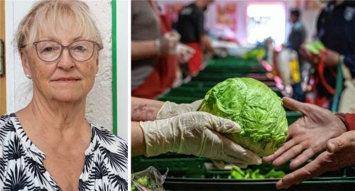 Ein Mitarbeiter der Tafel gibt einen Salatkopf an einen Bedürftigen aus (Symbolfoto rechts). Aufgrund des großen Andrangs besteht an den Ausgabestellen Bruckmühl und Feldkirchen-Westerham nach Angaben von Tafel-Chefin Claudia Vill (links) weiterhin ein Aufnahmestopp. Foto  Baumann/DPA