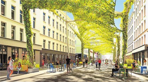 Ein Netz aus Kletterpflanzen über der Münchner Fußgängerzone? Aktuell wird dieses Konzept von der Stadt geprüft. Foto Visualisierung: RATAPLAN