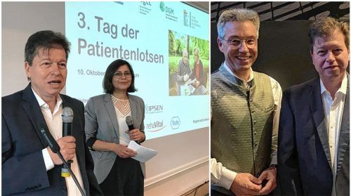Eine Idee aus Aschau könnte deutschlandweit Schule machen. Am Tag der Patientenlotsen stellte der Aschauer Versorgungsforscher Elmar Stegmeier (links) in Berlin zwei Modellprojekte aus der Region vor, die auch Landrat Otto Lederer (rechtes Foto, links) unterstützt: Das Koordinierungsbüro Gesundheit für den Landkreis Rosenheim und ein Gesundheits- und Pflegenetzwerk für das Priental. Fotos Privat