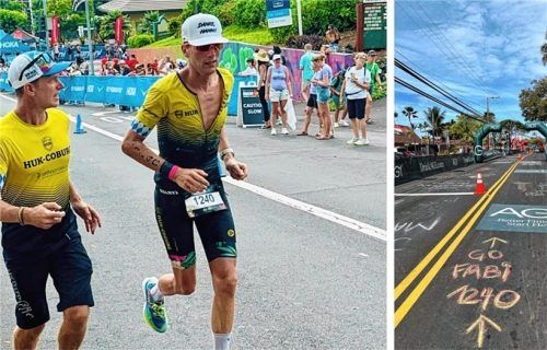 Fabian Mottl (rechts) 2024 beim Ironman auf Hawaii. Foto re
