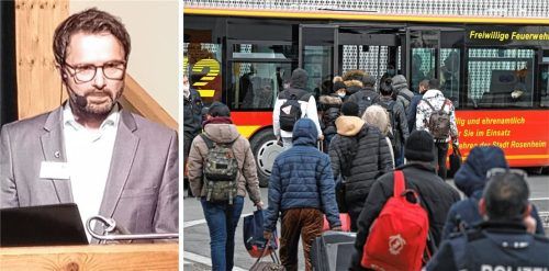 Geflüchtete aus der Ukraine werden 2022 am Bahnhof Rosenheim in einen Bus gebracht, der die Menschen in eine Unterkunft bringen soll. Woher die Flüchtlinge stammen, die in die Unterkunft nach Westerham kommen sollen, dazu konnte Bürgermeister Johannes Zistl (linkes Bild) keine Angaben machen. Foto dpA/Mathias Weinzierl