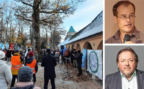 In Traunstein fand jüngst eine Friedenskundgebung mit Pro-Russland-Blogger Sergey-Filbert statt. Politikwissenschaftler Florian Wenzel (rechts oben) und Sekten-Berater Dr. Matthias Pöhlmann ordnen ein. Foto Lindlacher/re/ELKB, McKee