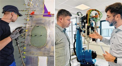 Noch wird beim Flugzeugbau vieles von Hand verklebt, versiegelt und abgedichtet. Mit den Lösungen von Viscotec, die Simon Widderich (links) hier dem Vertriebsleiter Josef Donislreiter erklärt, könnte sich das ändern. Fotos dpa/Eschenfelder