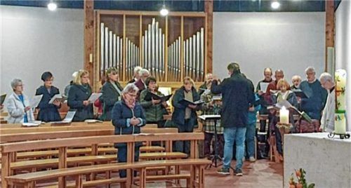 Sangen am bundesweiten Aktionstag: die drei Rosenheimer Kirchenchöre und Dekan Thomas Schlichting (rechts) in der Pfarrkirche St. Michael.Foto Aerzbäck