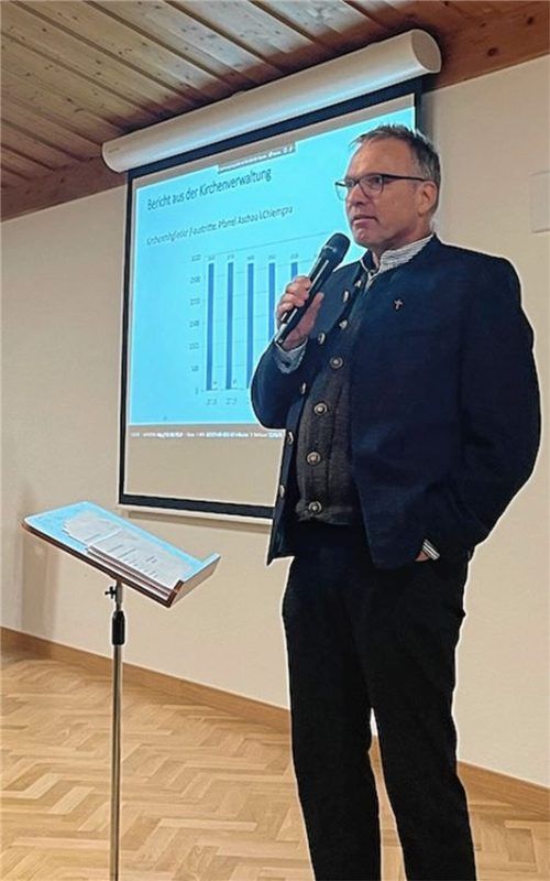 Sehr gut besucht war die Pfarrversammlung im katholischen Pfarrheim von Aschau. Pfarrer Paul Janßen ging dabei auf die Mitgliederzahlen ein und bedankte sich für das große ehrenamtliche Engagement.Foto  Kirchner