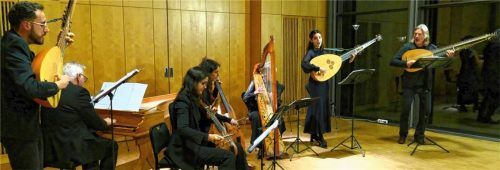 Sie singen und spielen gleichzeitig: (von links) Mario Lesiak, Michael Eberth, Annalisa Pappano, Lucine Musaelian, Tanja Vogrin, Emma-Lisa Roux und Joel Frederiksen.Foto janka