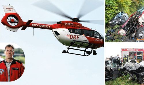 Wenn es zu schweren Unfällen wie auf der B15 (rechts oben) und bei Vogtareuth (unten) kommt, wird auch oft ein Rettungshubschrauber gebraucht. Wie diese Einsätze ablaufen, weiß der DRF-Luftrettungs-Pilot Sascha Netzer. Foto Montage: dpa/picture alliance/Jan Woitas/Matthias Wallot/DRF Luftrettung/Reisner
