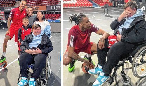 Bayern-Star Kevin Yebo (links) und Co. bereiten Jayden (im Rollstuhl) mit seinem Bruder Brandon, Vater Noah Maximilian und Mama Sissy Lindl eine große Freude (von links). Foto re