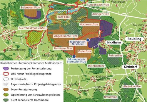 Ein Großteil der Moorflächen vor den Toren Raublings wurde bereits wiedervernässt. In der Woche vom 9. Dezember beginnt die Renaturierung der Staatsflächen im östlichen Bereich der Hochsrunstfilze (lila Fläche) bei Nicklheim. Verena Klinger