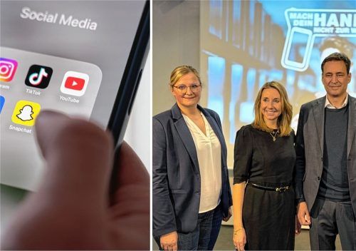 In den sozialen Netzwerken verschicken Jugendliche zunehmend strafbare Inhalte – am Sebastian-Finsterwalder-Gymnasium stellten nun (von links) Richterin Rose Oelbermann, Kultusministerin Anna Stolz und Justizminister Georg Eisenreich die Kampagne „Mach dein Handy nicht zur Waffe!“ vor. Foto Montage: dpa/picture alliance/Alicia Windzio/Baumeister