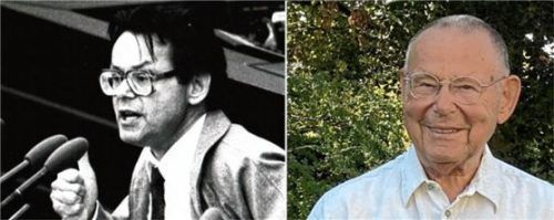 Karriere in der Politik: Am Rednerpult des Bonner Bundestages (links) und heuer in seinem Garten. Foto Stahl
