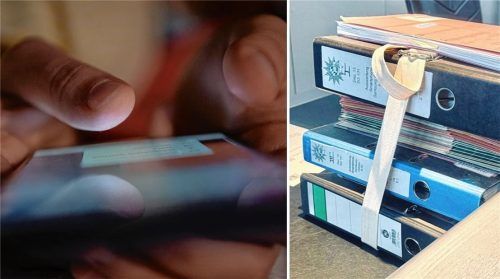 Über fünf Jahre hinweg hat eine Mühldorfer Polizistin über ihr Handy zahlreiche Geheimnisse verraten und geschmacklose, teilweise menschenverachtende Kommentare verschickt. Die Auswertung füllte fünf dicke Leitz-Ordner. Foto picture alliance/dpa/Sebastian Gollnow (Symbolfoto)/Jörg Eschenfelder