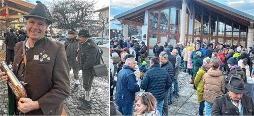 Böllerschützen aus der Region, darunter auch Andi Obermaier aus Rimsting mit einem sogenannten Handböller (links), und zahlreiche Bürger begrüßten das neue Jahr in Eggstätt, die erste Feier im Rahmen der 1100-Jahr-Feierlichkeiten der Gemeinde. Foto Kirchner