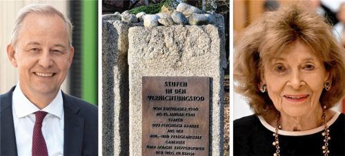 Das kbo-Inn-Salzach-Klinikum Wasserburg widmet sich 2025 intensiv der Erinnerungskultur. Zur Kranzniederlegung am Mahnmal in Gabersee aus Anlass des Jahrestags der Befreiung des Konzentrationslagers von Auschwitz kommt zur Freude des Ärztlichen Direktors Professor Dr. Peter Zwanzger (links) am 28. Januar Dr. Charlotte Knobloch, Präsidentin der Israelitischen Kultusgemeinde München und Oberbayern und Holocaust-Überlebende. Foto kbo/Rieger/dpa