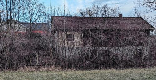 Das zur Diskussion stehende leere und zugewachsene Gebäude befindet sich im Vordergrund. Im Hintergrund erkennt man den Kieferer Bahnhof. Fotos Hoffmann