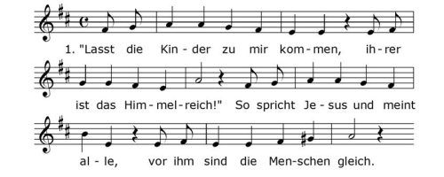 Der Anfang des Liedes „Lasst die Kinder zu mir kommen“.EBES-Volksmusik