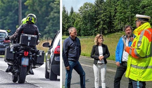 Eine Sperre für Biker am Sudelfeld? Unter anderem darüber diskutierten bereits bei einem Ortstermin 2023 die Bundestagsabgeordnete Daniela Ludwig mit Anlieger Hubert Wildgruber (links), dem Oberaudorfer Bürgermeister Matthias Bernhardt (Mitte rechts) und Peter Böttinger von der Verkehrspolizeiinspektion Rosenheim. Fotos Imago/Re