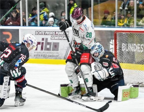 Entscheidend war, dem Torwart die Sicht zu nehmen. Hier probiert es Starbulls-Stürmer Dominik Kolb vor Ravensburgs Goalie Ilya Sharipov – in dieser Szene ohne Erfolg.